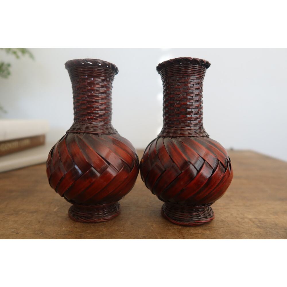 Set of Two Hand Woven Bamboo Ikebana Flower Vase w/Ceramic Insert